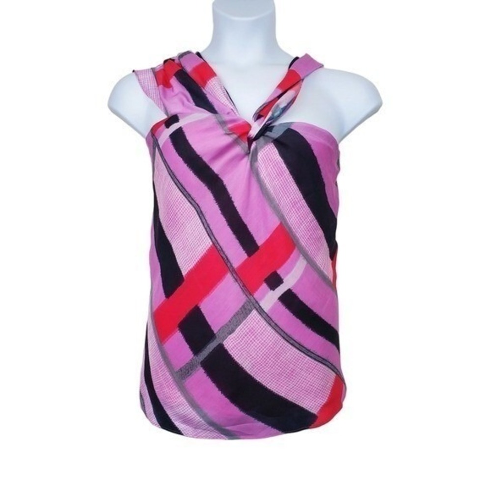 Josie Natori Womens Taisho Voile Colorful Geo Print Twist Front Top Size 6 NWT